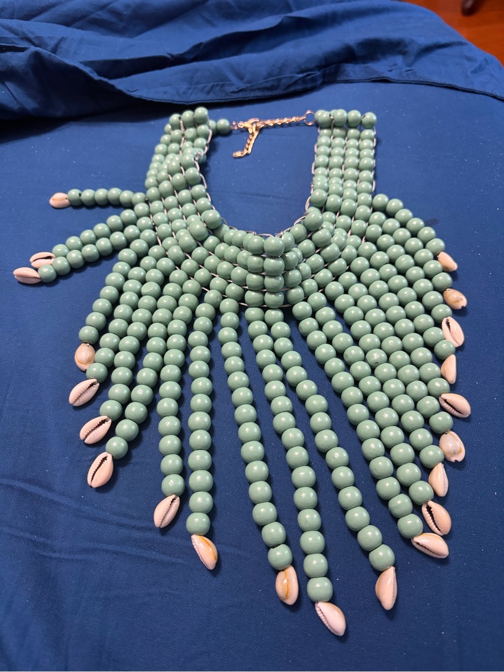 Handmade Green Beaded Statement Necklace with Shell Accents